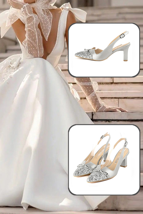 Women's silver elegant slingback heels, with a bow on the front. Tapered toe. High slim heel - Top view